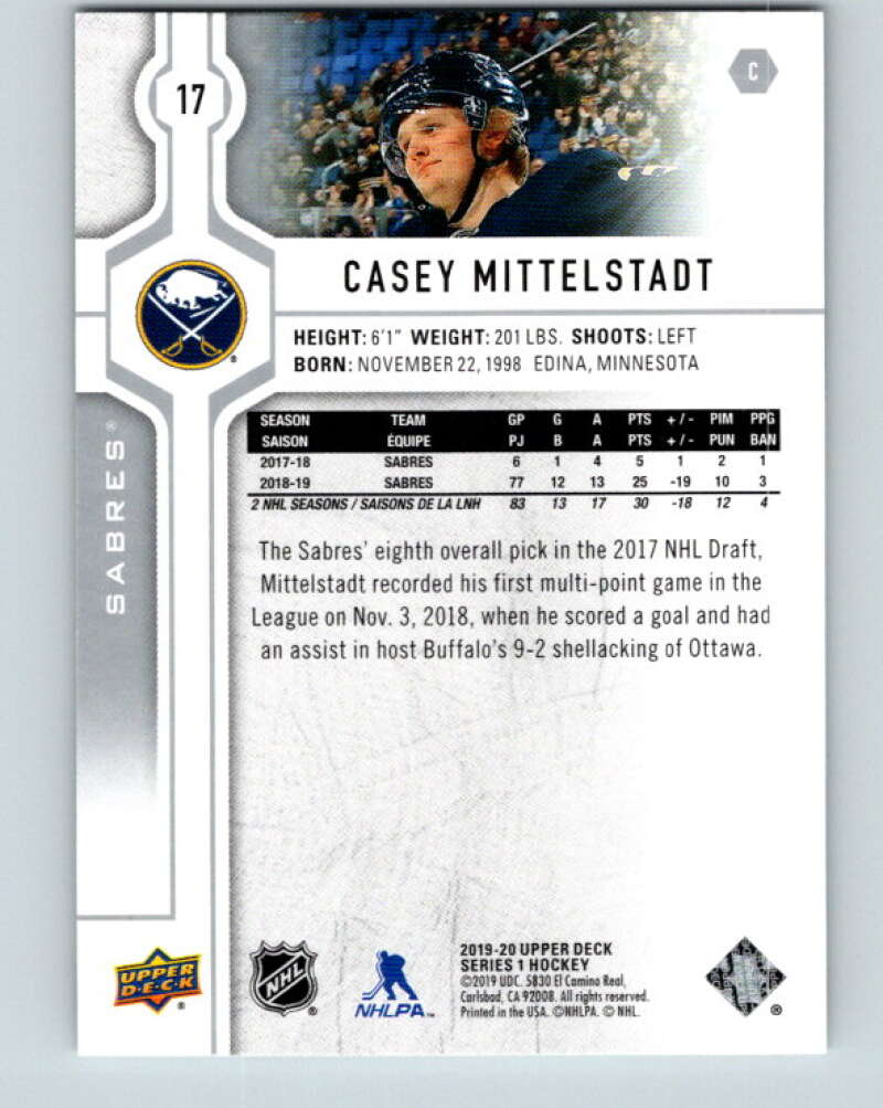 2019-20 Upper Deck #17 Casey Mittelstadt Mint Buffalo Sabres Image 2