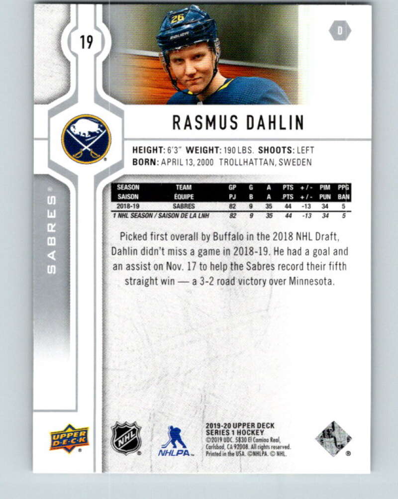 2019-20 Upper Deck #19 Rasmus Dahlin Mint Buffalo Sabres Image 2