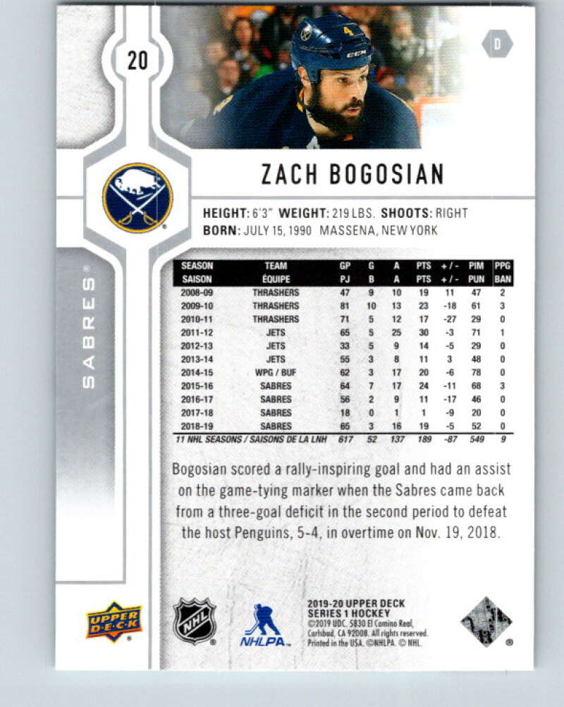 2019-20 Upper Deck #20 Zach Bogosian Mint Buffalo Sabres Image 2