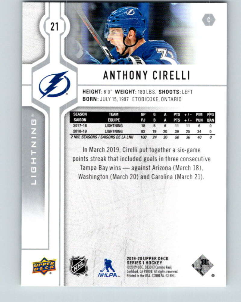 2019-20 Upper Deck #21 Anthony Cirelli Mint Tampa Bay Lightning