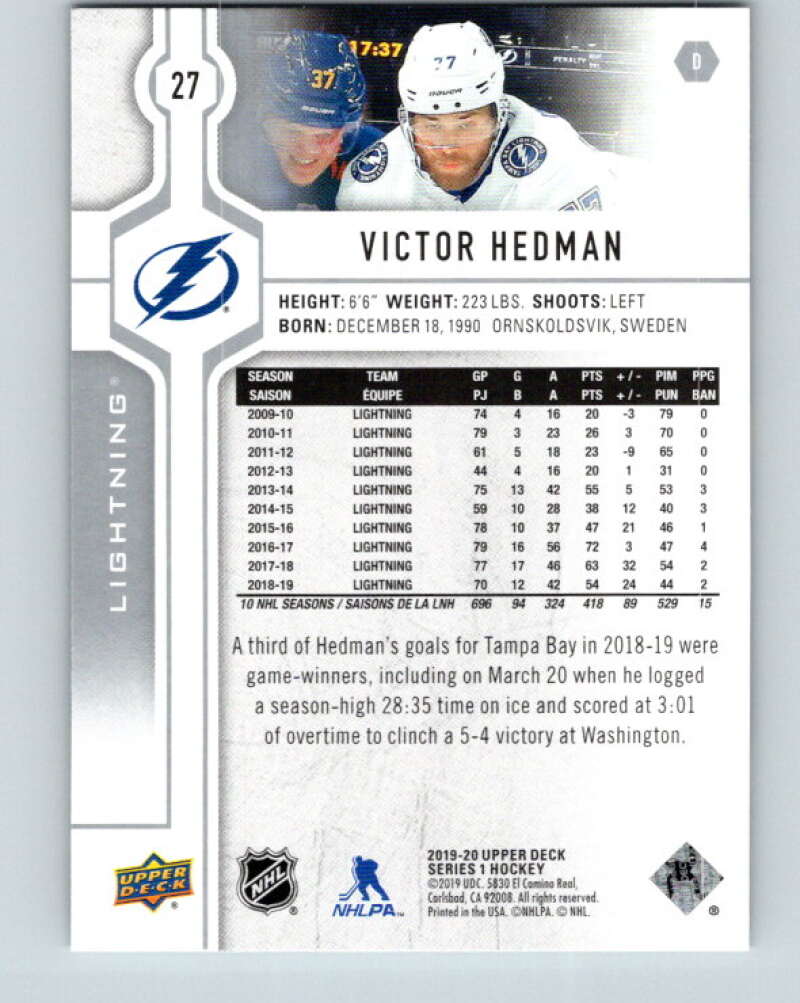 2019-20 Upper Deck #27 Victor Hedman Mint Tampa Bay Lightning Image 2