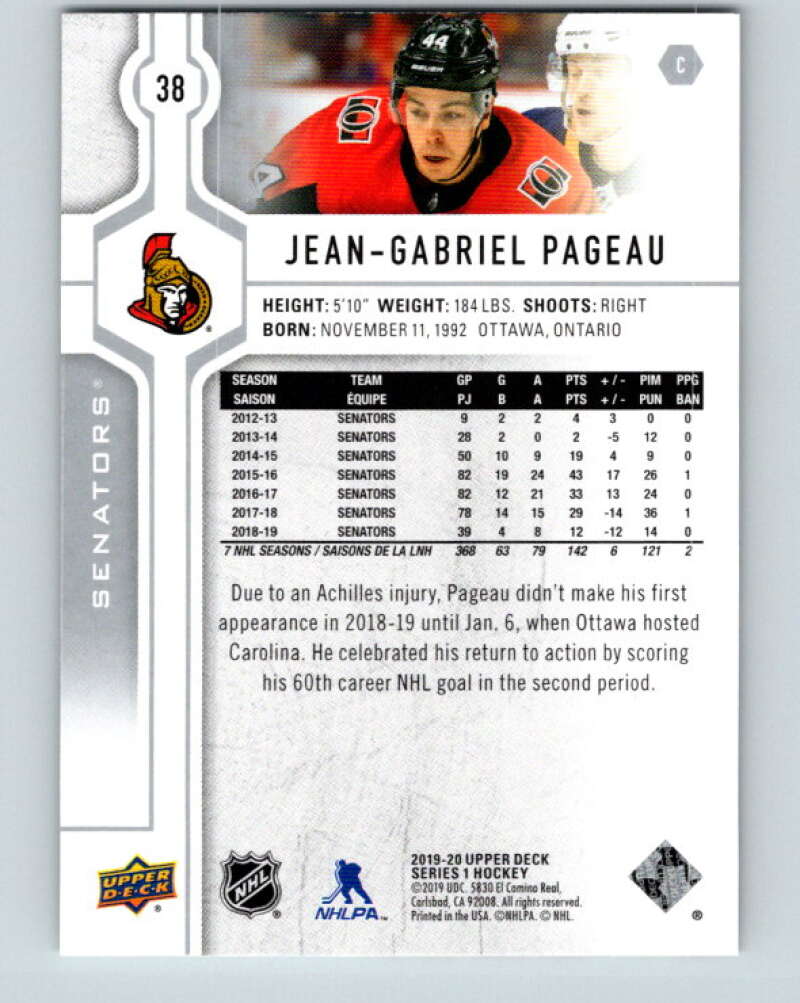 2019-20 Upper Deck #38 Jean-Gabriel Pageau Mint Ottawa Senators Image 2