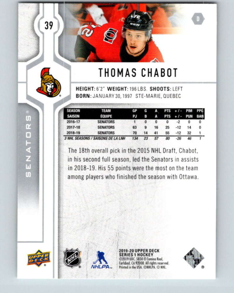 2019-20 Upper Deck #39 Thomas Chabot Mint Ottawa Senators Image 2