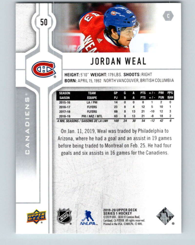 2019-20 Upper Deck #50 Jordan Weal Mint Montreal Canadiens