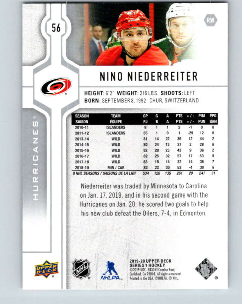 2019-20 Upper Deck #56 Nino Niederreiter Mint Carolina Hurricanes Image 2