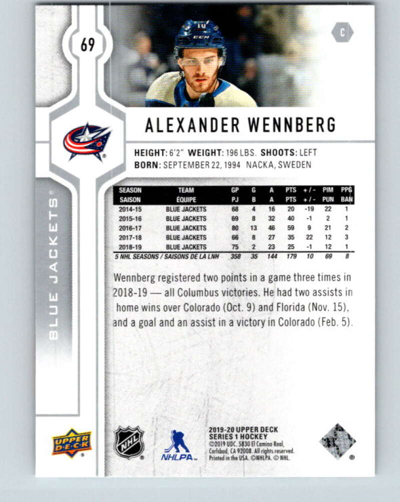 2019-20 Upper Deck #69 Alexander Wennberg Mint Columbus Blue Jackets Image 2