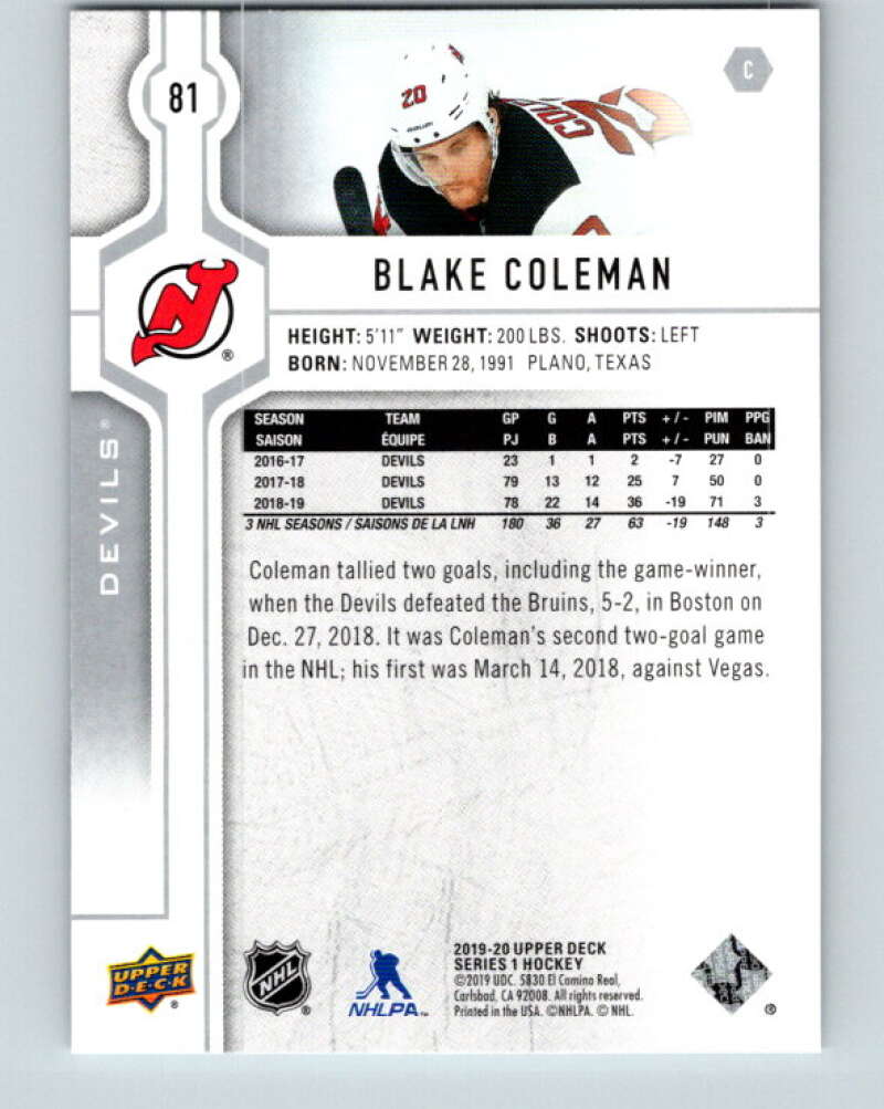 2019-20 Upper Deck #81 Blake Coleman Mint New Jersey Devils Image 2