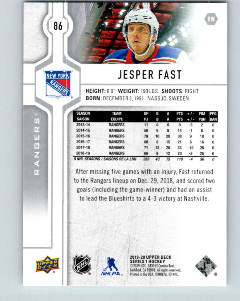 2019-20 Upper Deck #86 Jesper Fast Mint New York Rangers