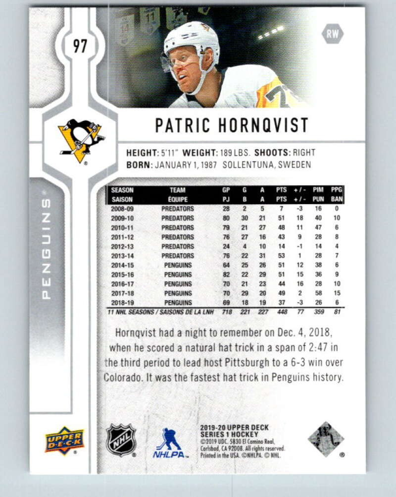 2019-20 Upper Deck #97 Patric Hornqvist Mint Pittsburgh Penguins Image 2
