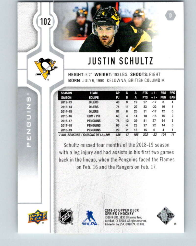 2019-20 Upper Deck #102 Justin Schultz Mint Pittsburgh Penguins Image 2