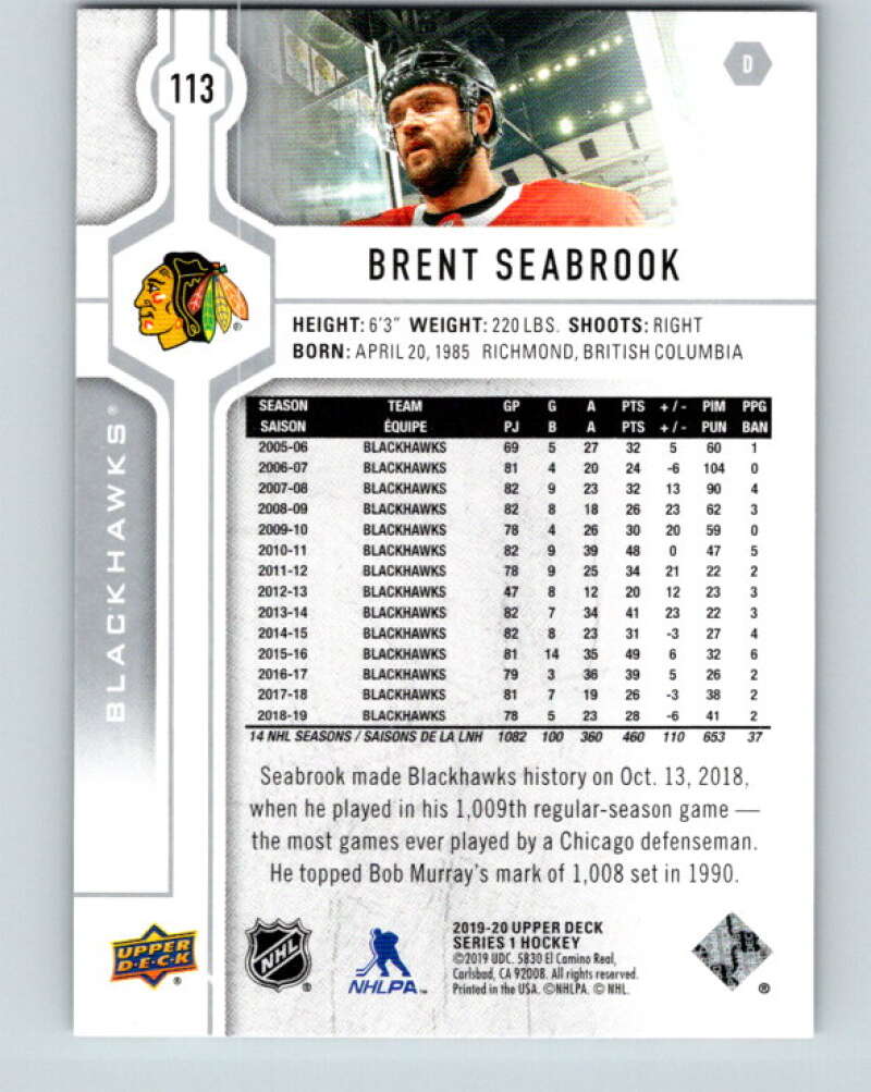 2019-20 Upper Deck #113 Brent Seabrook Mint Chicago Blackhawks