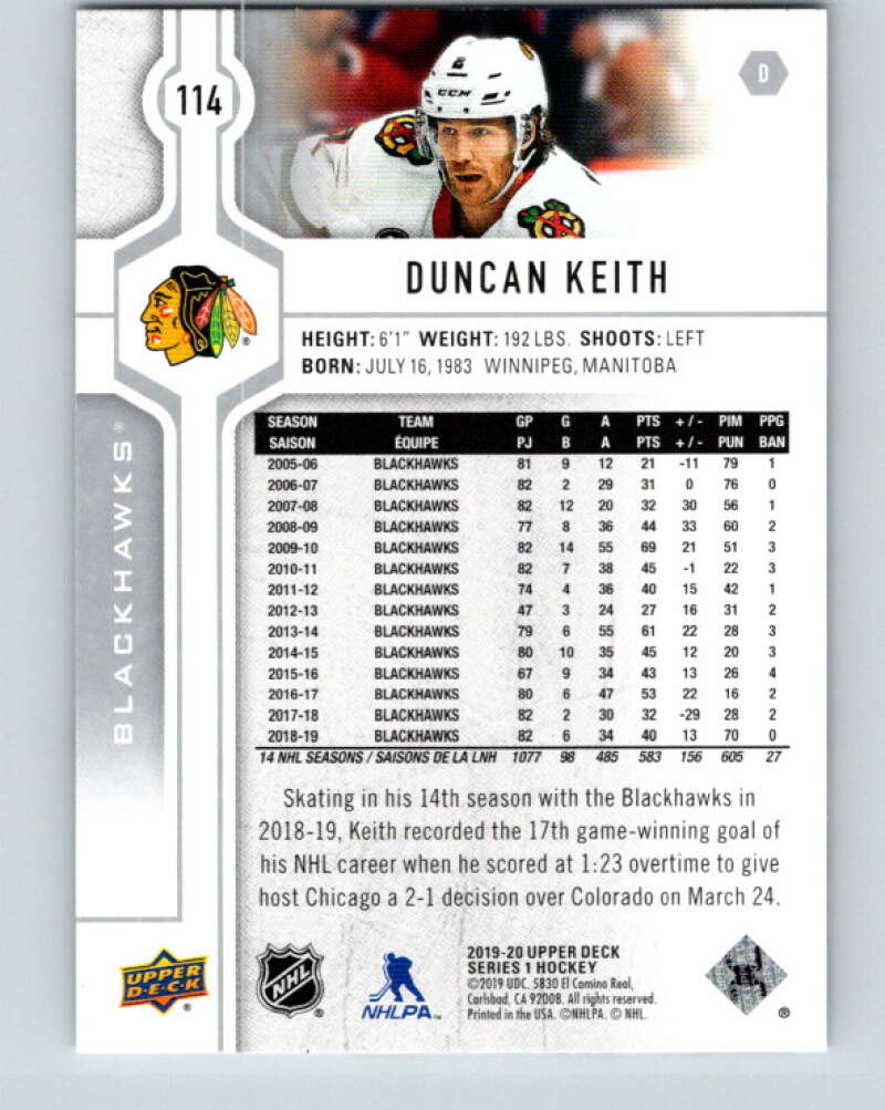 2019-20 Upper Deck #114 Duncan Keith Mint Chicago Blackhawks Image 2