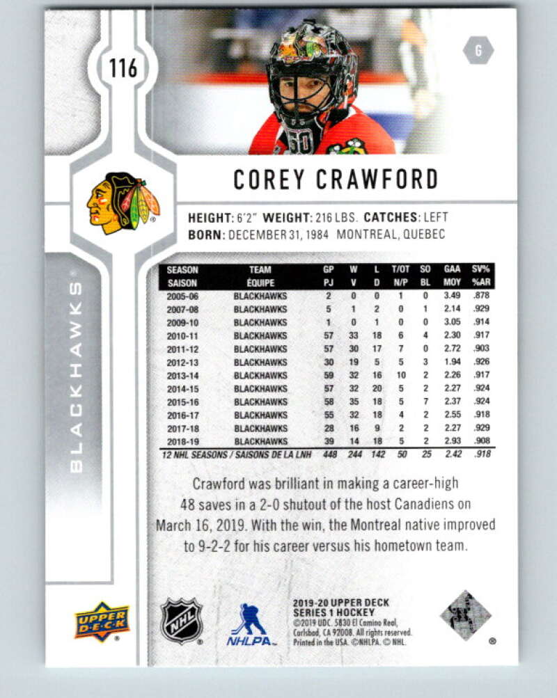 2019-20 Upper Deck #116 Corey Crawford Mint Chicago Blackhawks