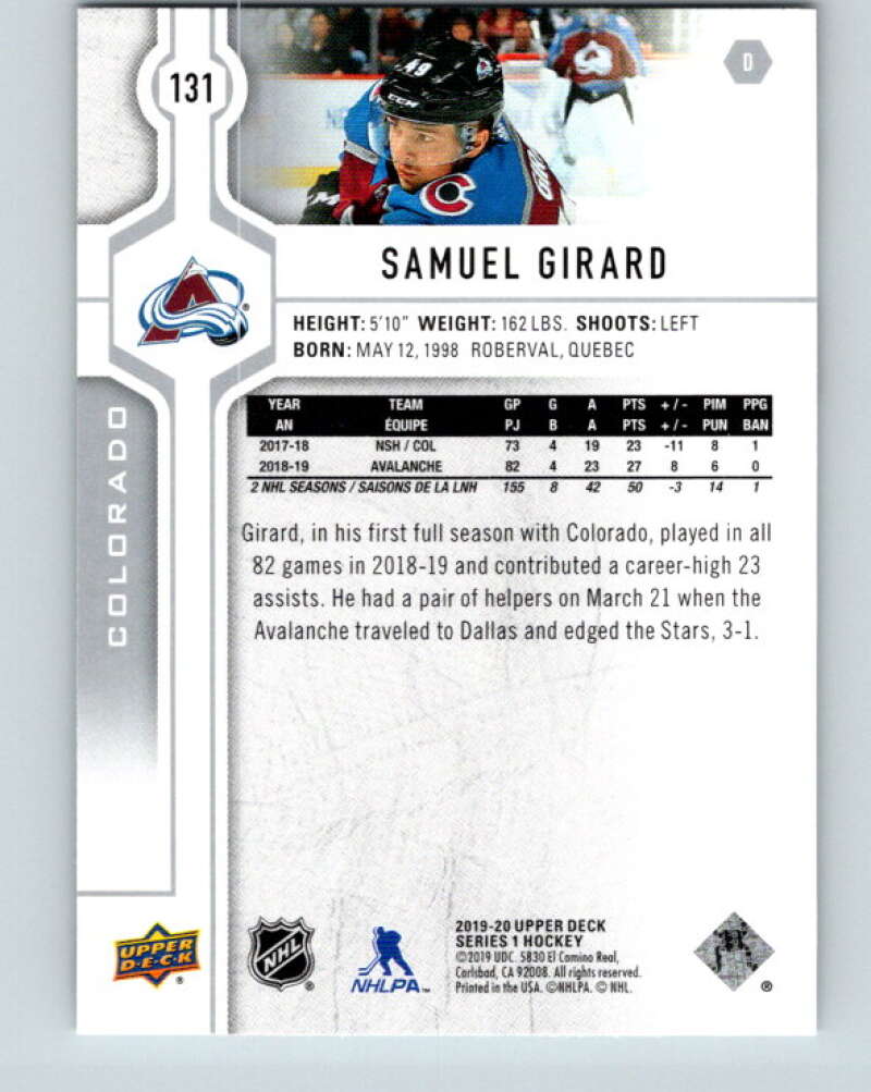 2019-20 Upper Deck #131 Samuel Girard Mint Colorado Avalanche Image 2