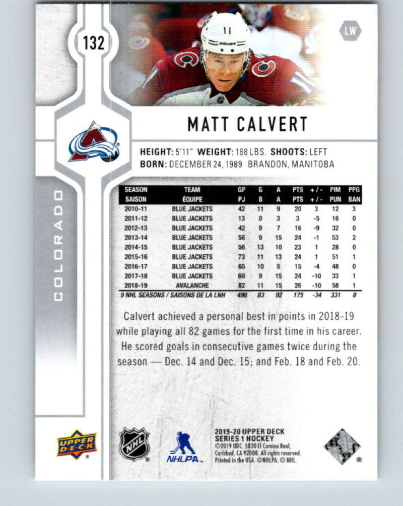 2019-20 Upper Deck #132 Matt Calvert Mint Colorado Avalanche Image 2