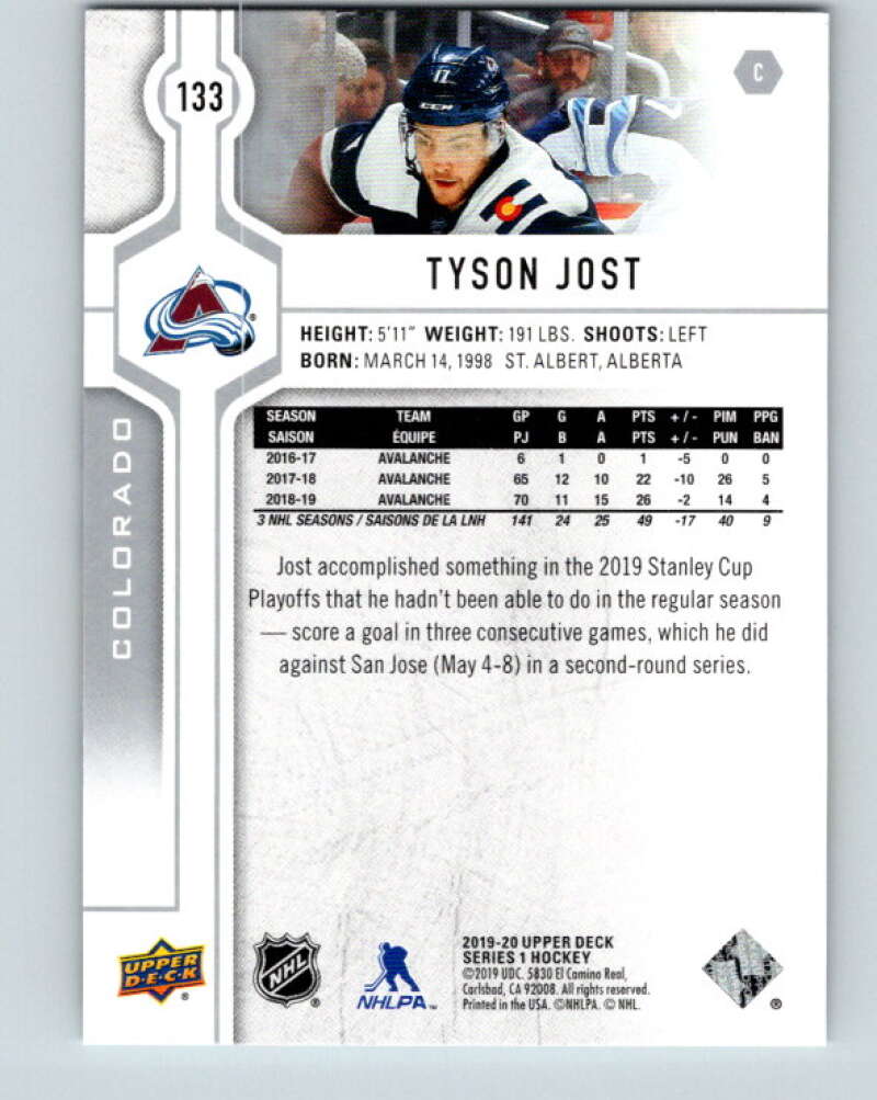 2019-20 Upper Deck #133 Tyson Jost Mint Colorado Avalanche Image 2
