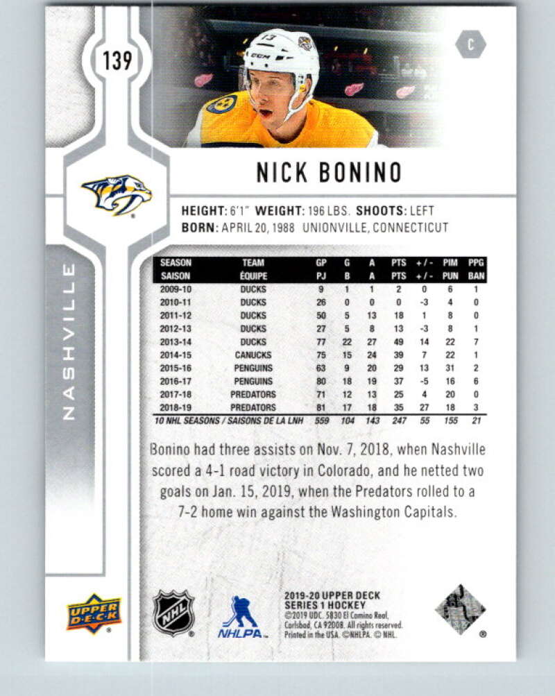 2019-20 Upper Deck #139 Nick Bonino Mint Nashville Predators Image 2