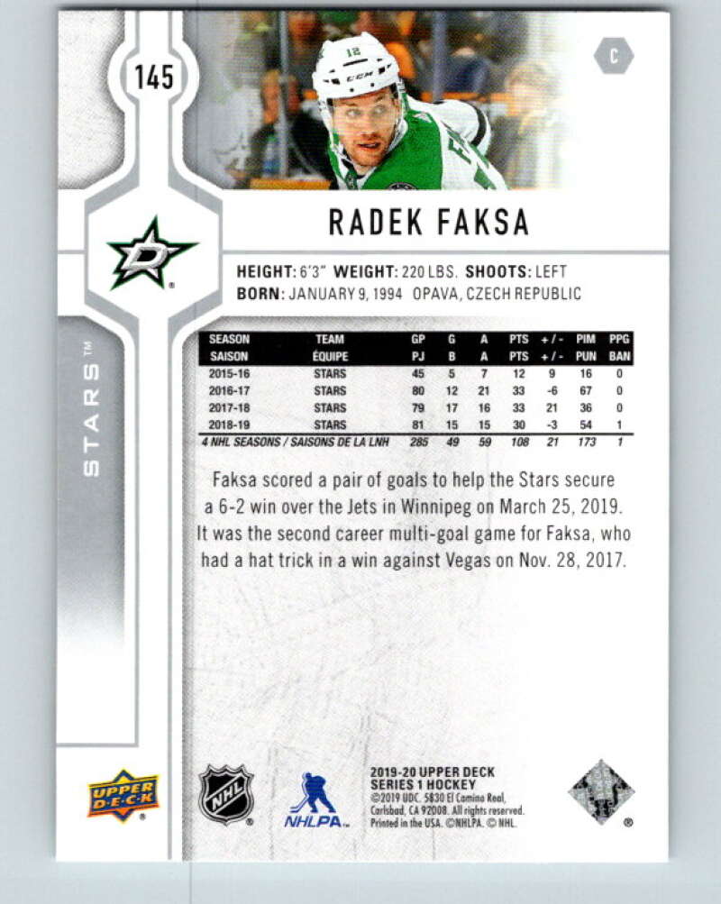 2019-20 Upper Deck #145 Radek Faksa Mint Dallas Stars Image 2