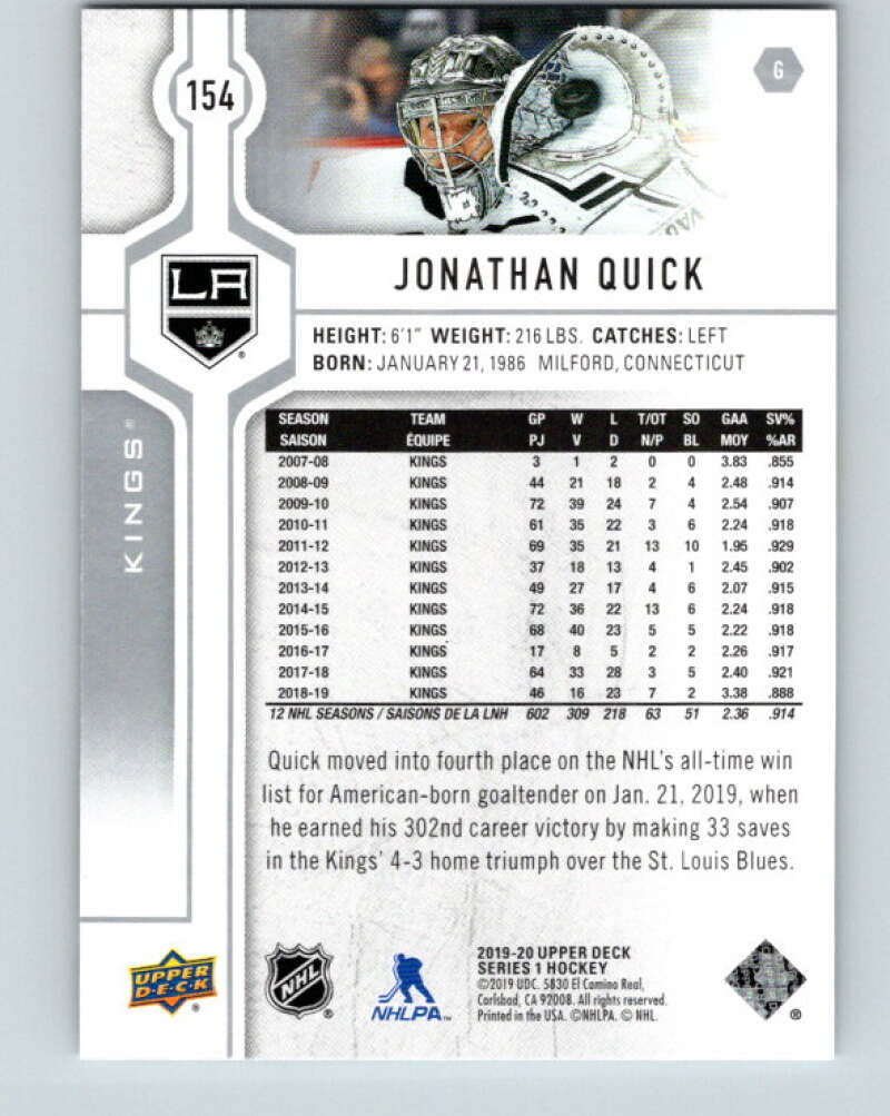 2019-20 Upper Deck #154 Jonathan Quick Mint Los Angeles Kings