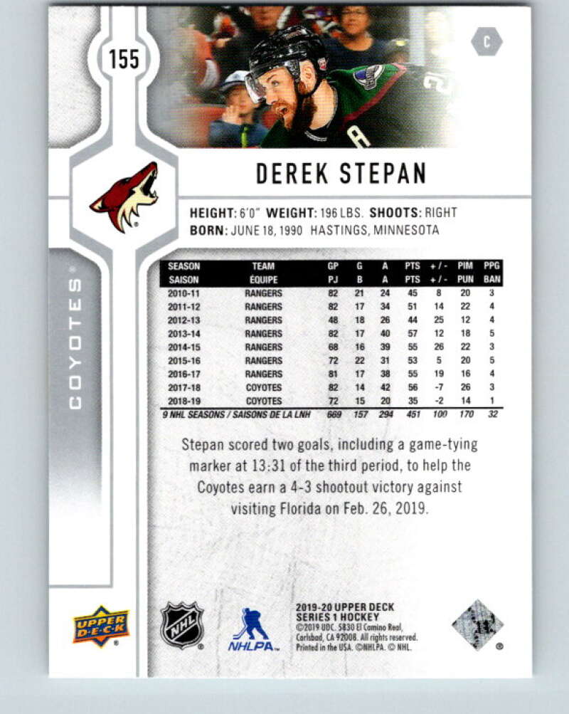 2019-20 Upper Deck #155 Derek Stepan Mint Arizona Coyotes Image 2