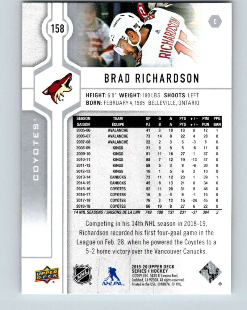2019-20 Upper Deck #158 Brad Richardson Mint Arizona Coyotes Image 2