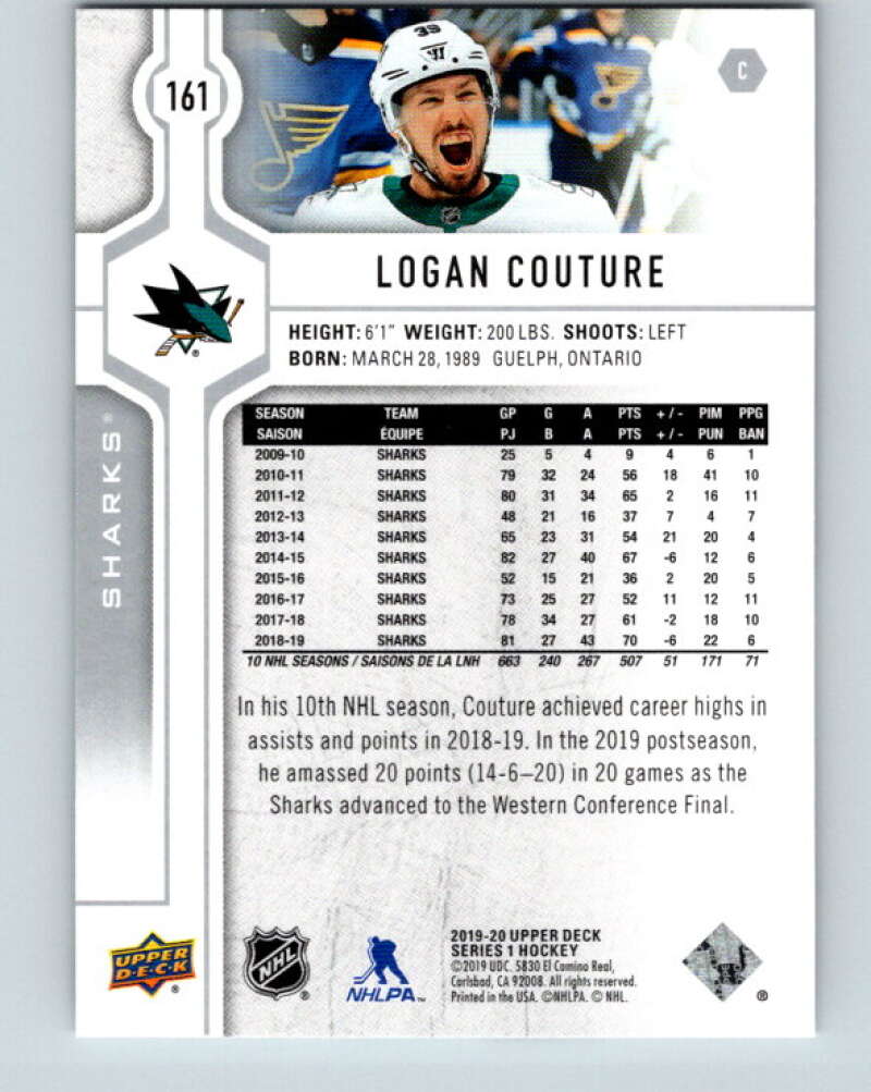 2019-20 Upper Deck #161 Logan Couture Mint San Jose Sharks Image 2