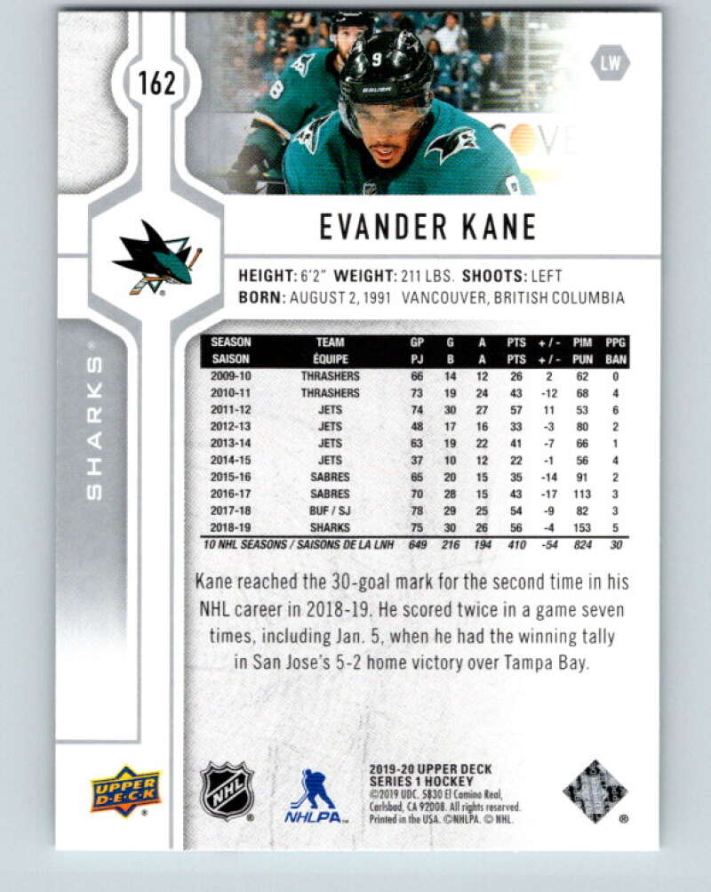 2019-20 Upper Deck #162 Evander Kane Mint San Jose Sharks Image 2