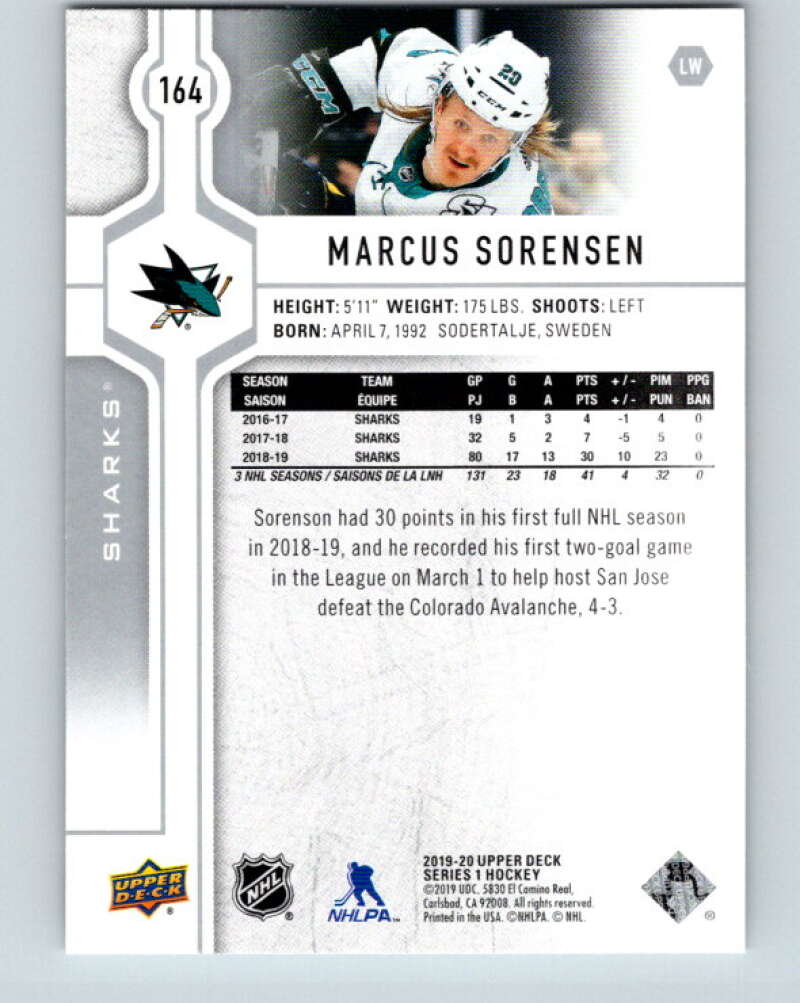 2019-20 Upper Deck #164 Marcus Sorensen Mint San Jose Sharks Image 2