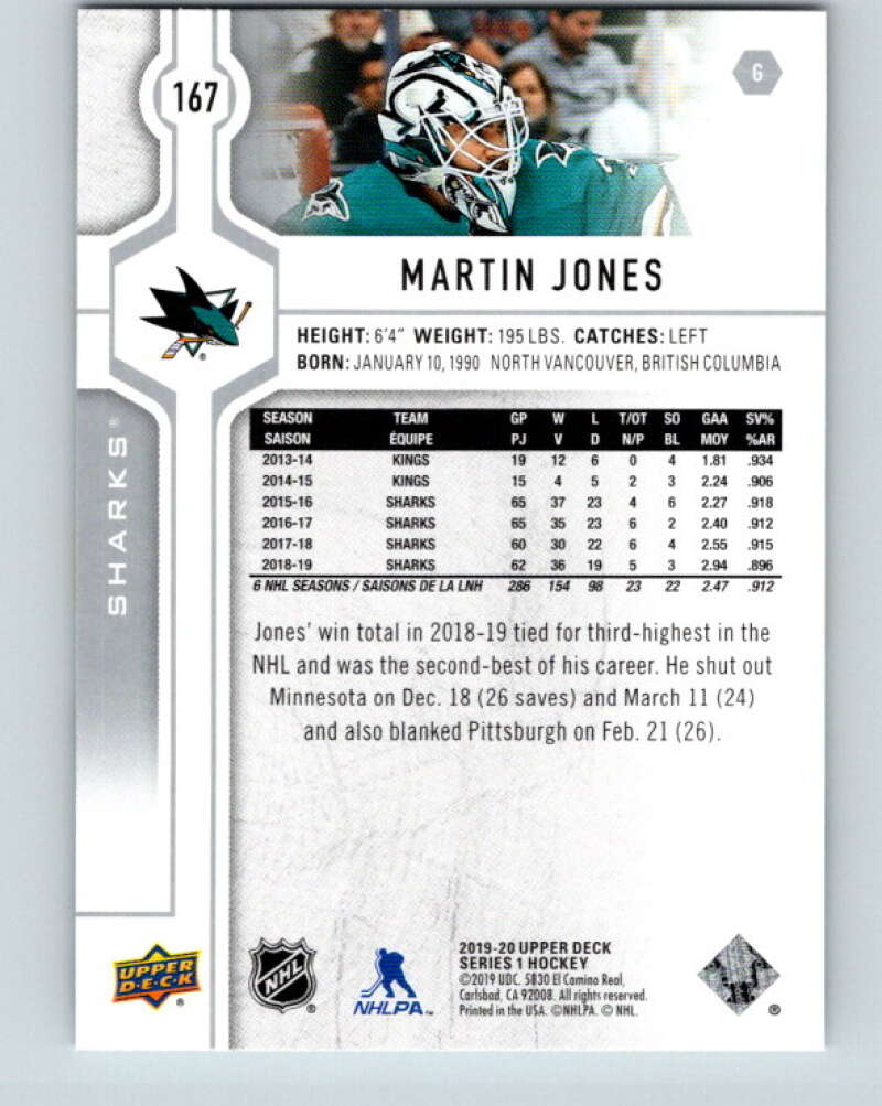 2019-20 Upper Deck #167 Martin Jones Mint San Jose Sharks Image 2