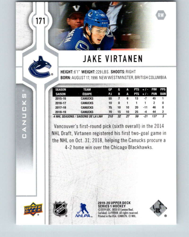 2019-20 Upper Deck #171 Jake Virtanen Mint Vancouver Canucks Image 2