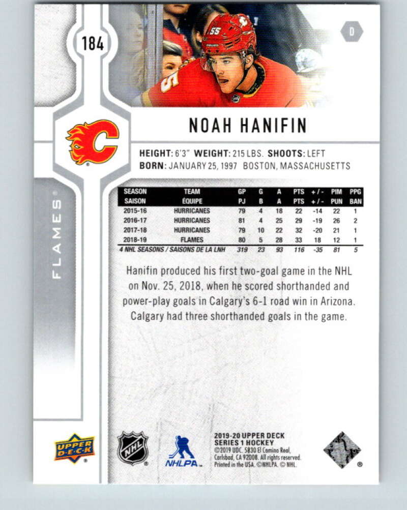 2019-20 Upper Deck #184 Noah Hanifin Mint Calgary Flames Image 2