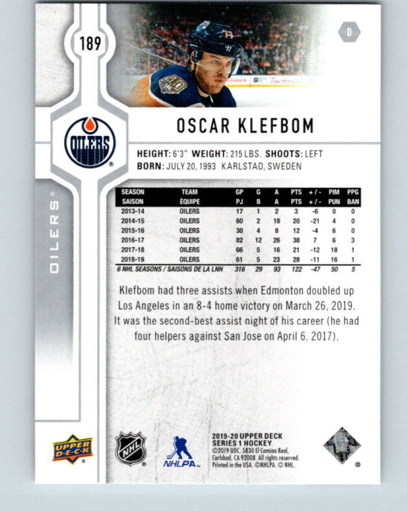 2019-20 Upper Deck #189 Oscar Klefbom Mint Edmonton Oilers Image 2