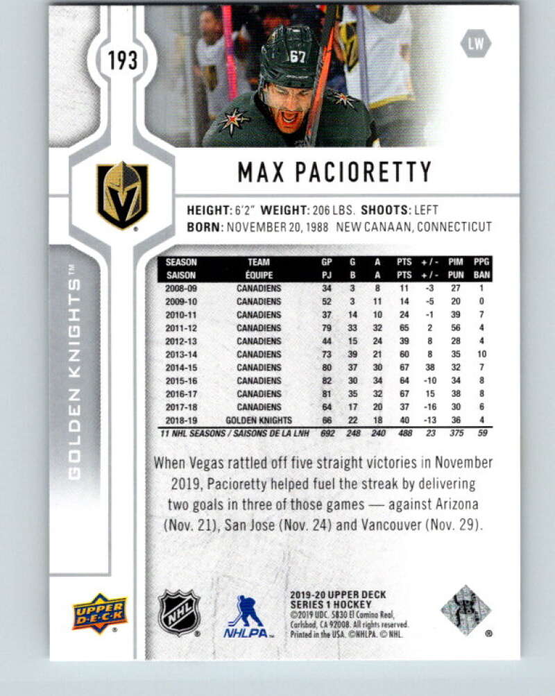 2019-20 Upper Deck #193 Max Pacioretty Mint Vegas Golden Knights Image 2