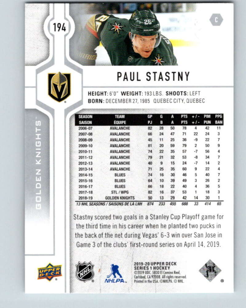 2019-20 Upper Deck #194 Paul Stastny Mint Vegas Golden Knights Image 2