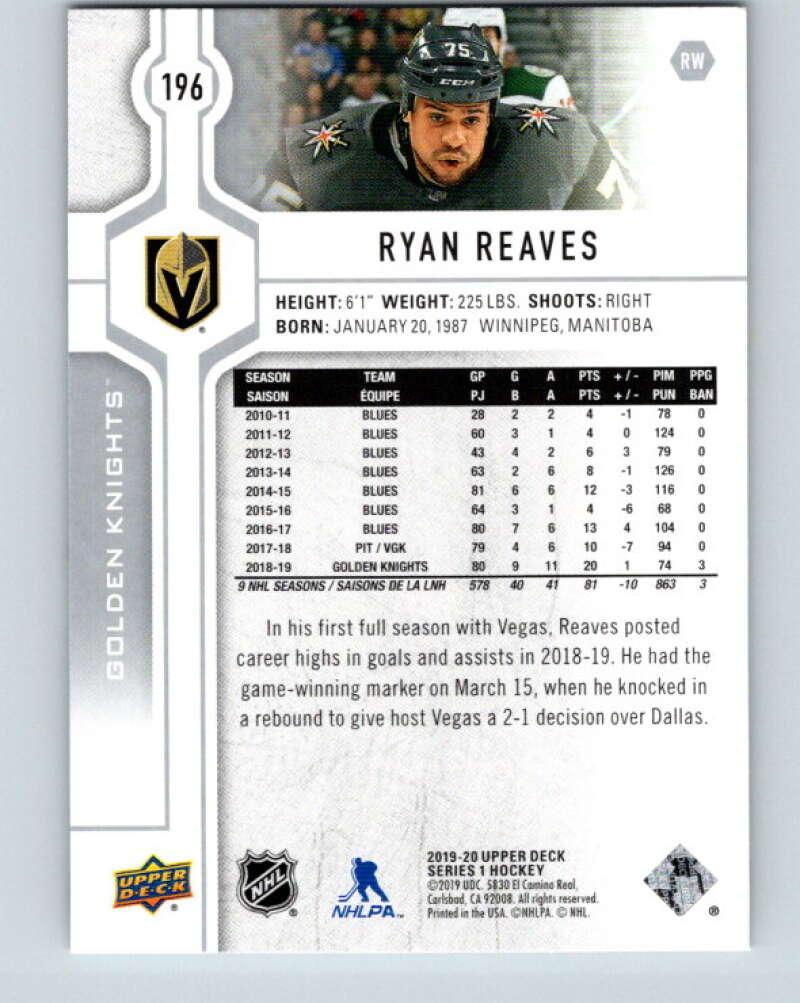 2019-20 Upper Deck #196 Ryan Reaves Mint Vegas Golden Knights