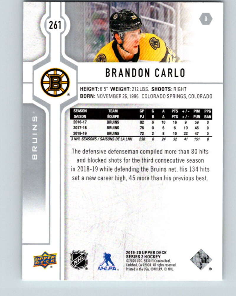 2019-20 Upper Deck #261 Brandon Carlo Mint Boston Bruins Image 2