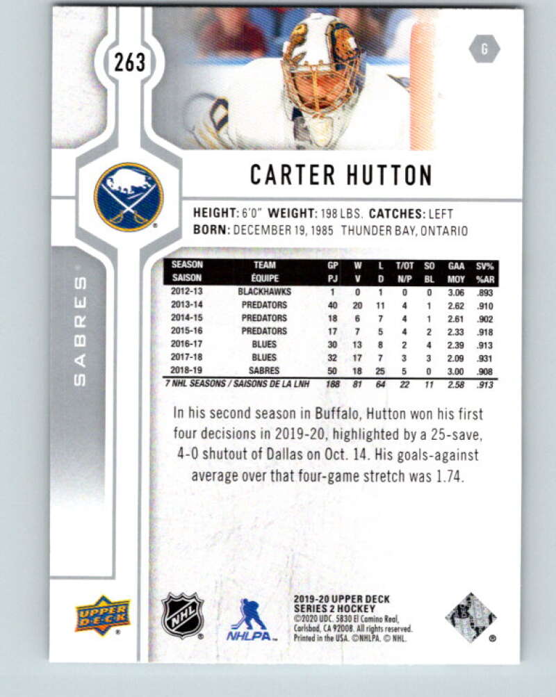 2019-20 Upper Deck #263 Carter Hutton Mint Buffalo Sabres Image 2