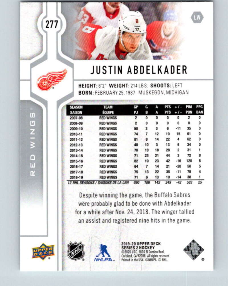 2019-20 Upper Deck #277 Justin Abdelkader Mint Detroit Red Wings Image 2
