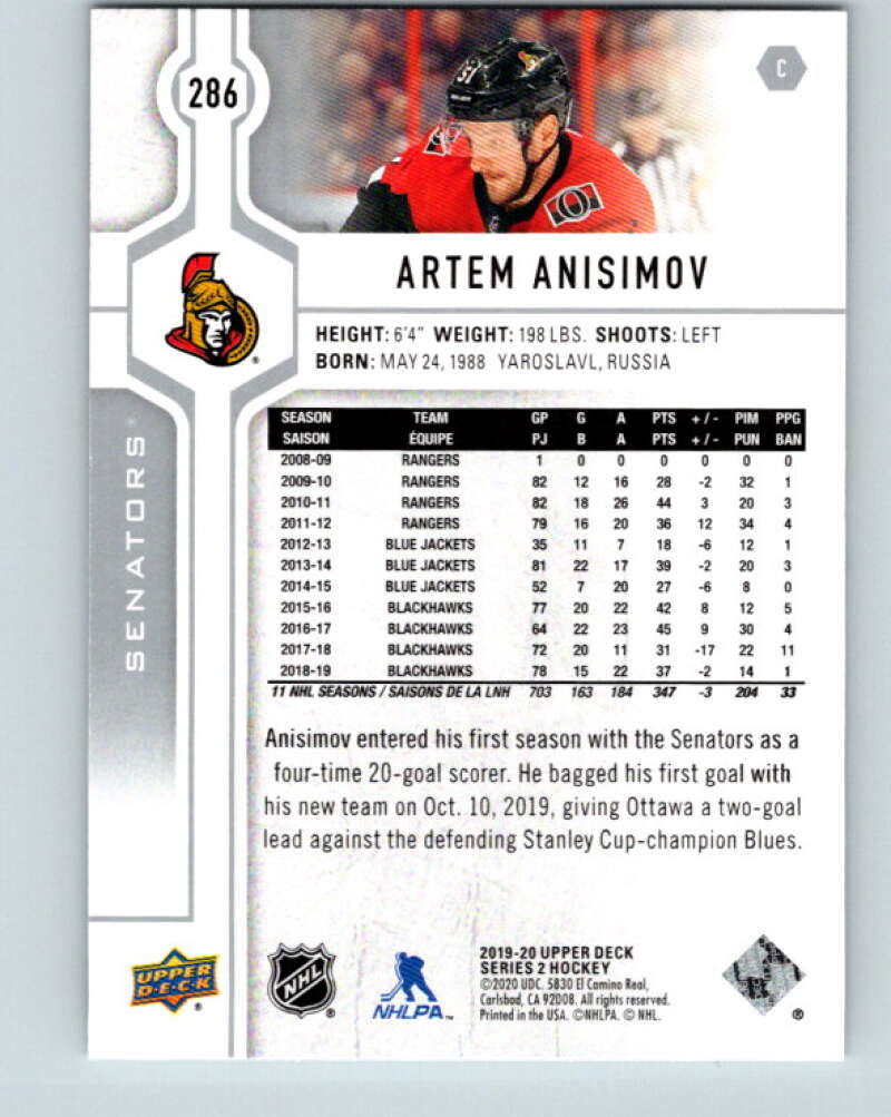 2019-20 Upper Deck #286 Artem Anisimov Mint Ottawa Senators Image 2