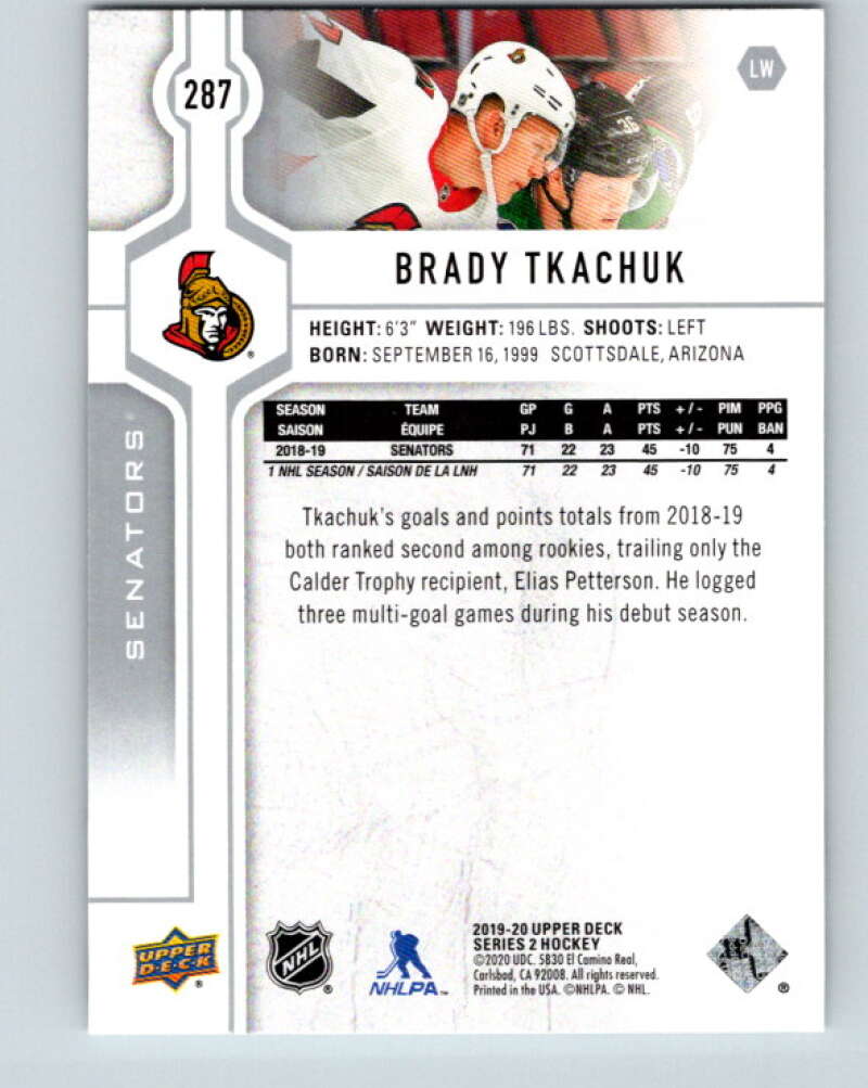 2019-20 Upper Deck #287 Brady Tkachuk Mint Ottawa Senators Image 2