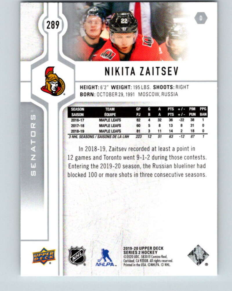 2019-20 Upper Deck #289 Nikita Zaitsev Mint Ottawa Senators Image 2