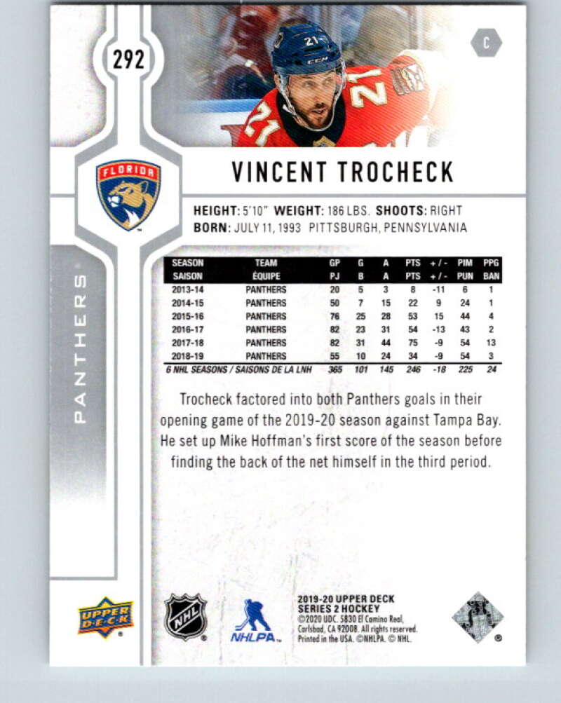 2019-20 Upper Deck #292 Vincent Trocheck Mint Florida Panthers Image 2