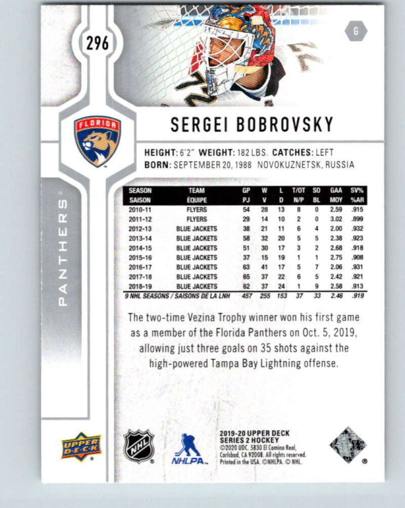 2019-20 Upper Deck #296 Sergei Bobrovsky Mint Florida Panthers