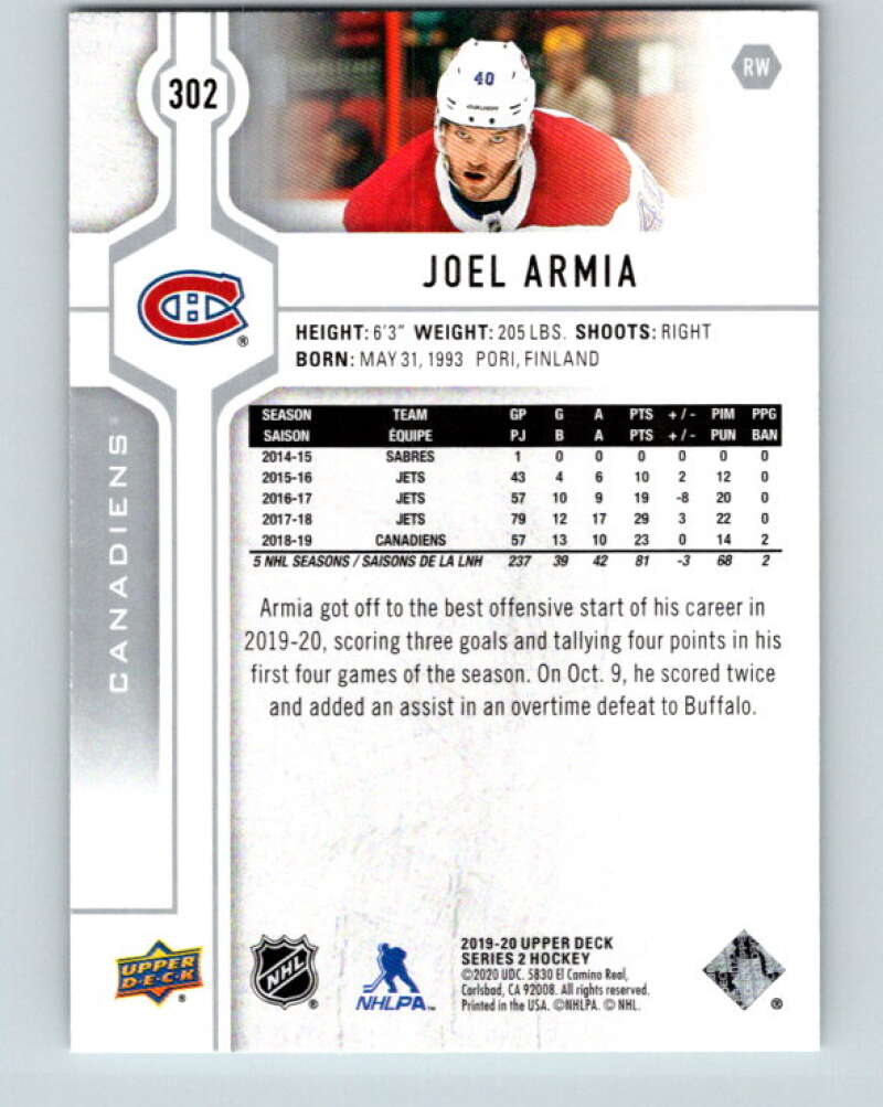 2019-20 Upper Deck #302 Joel Armia Mint Montreal Canadiens
