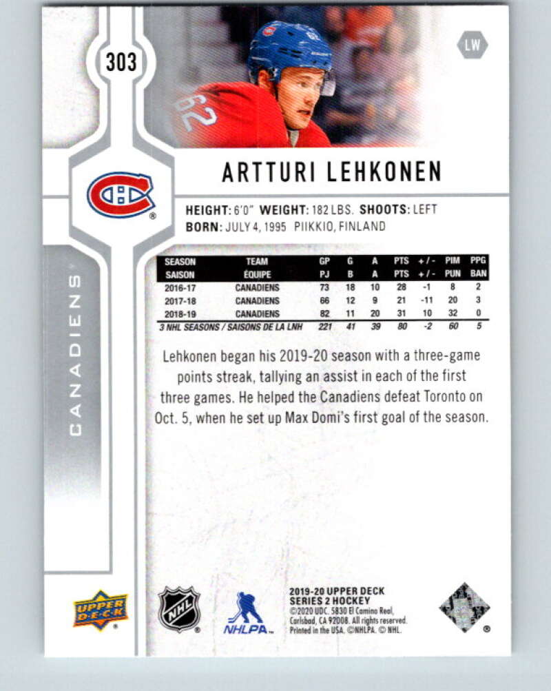 2019-20 Upper Deck #303 Artturi Lehkonen Mint Montreal Canadiens