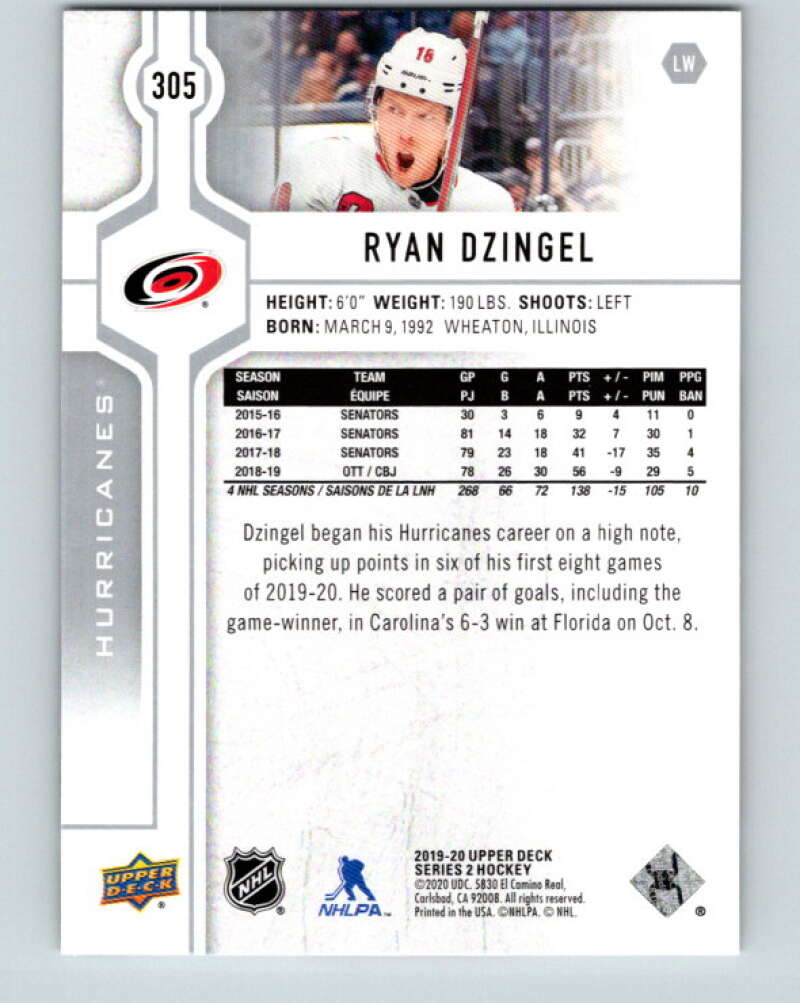 2019-20 Upper Deck #305 Ryan Dzingel Mint Carolina Hurricanes Image 2
