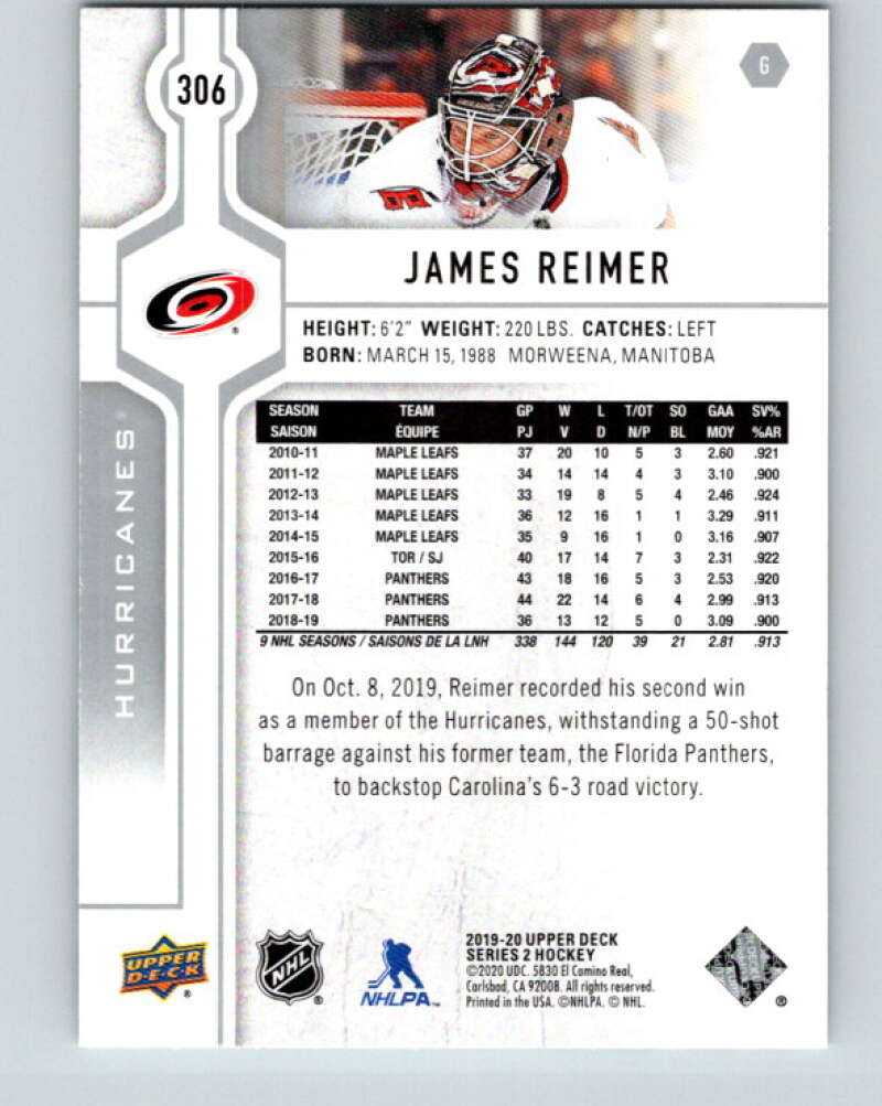 2019-20 Upper Deck #306 James Reimer Mint Carolina Hurricanes Image 2