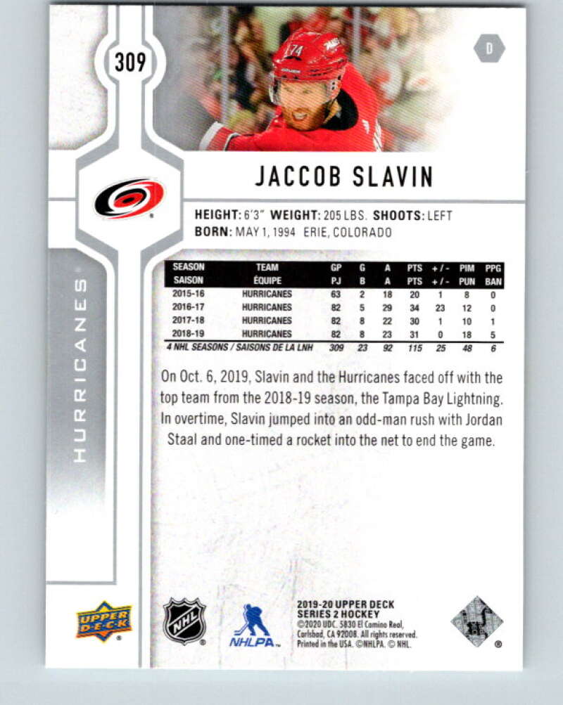 2019-20 Upper Deck #309 Jaccob Slavin Mint Carolina Hurricanes Image 2