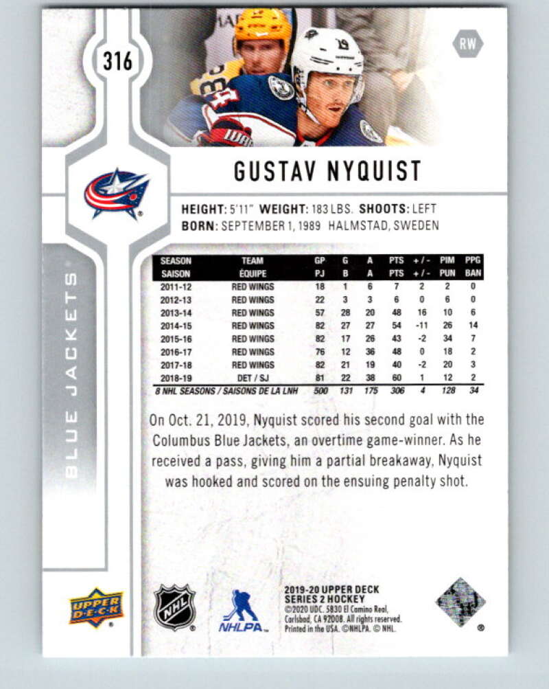 2019-20 Upper Deck #316 Gustav Nyquist Mint Columbus Blue Jackets Image 2