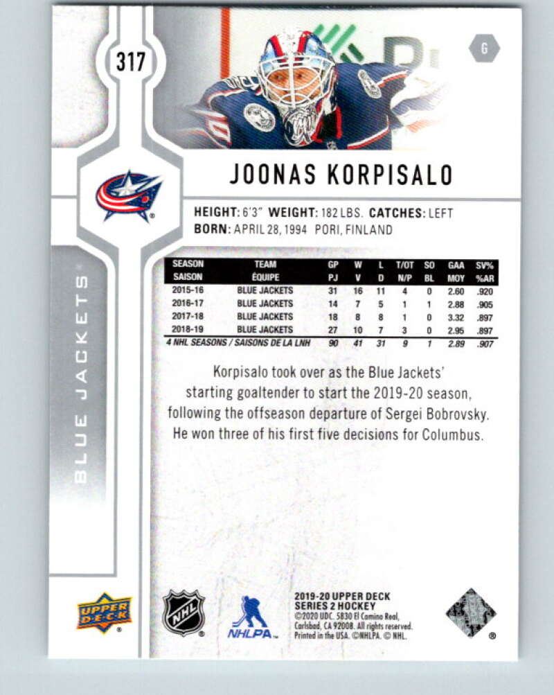 2019-20 Upper Deck #317 Joonas Korpisalo Mint Columbus Blue Jackets